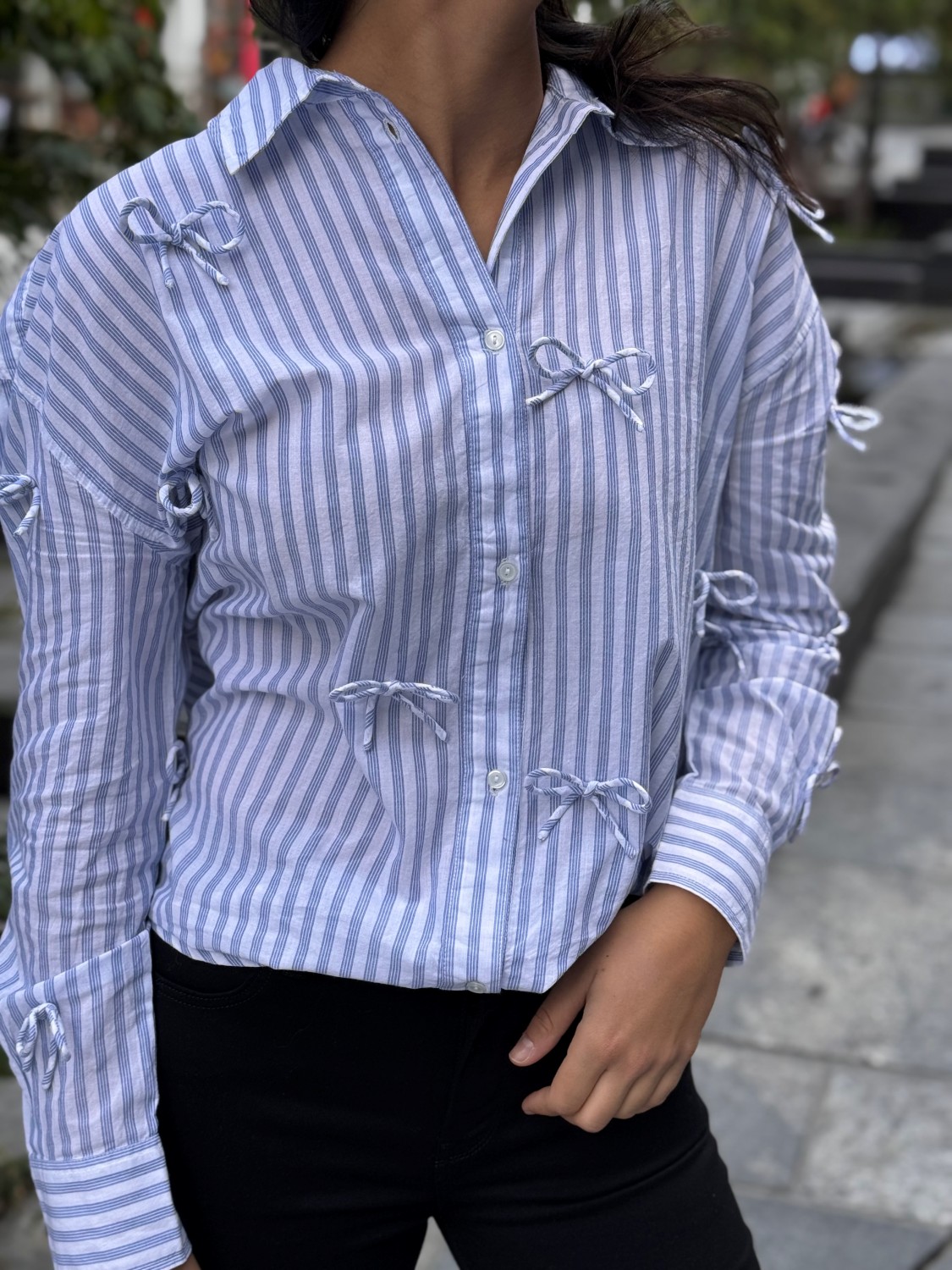 SLJoa bow striped shirt lys blå