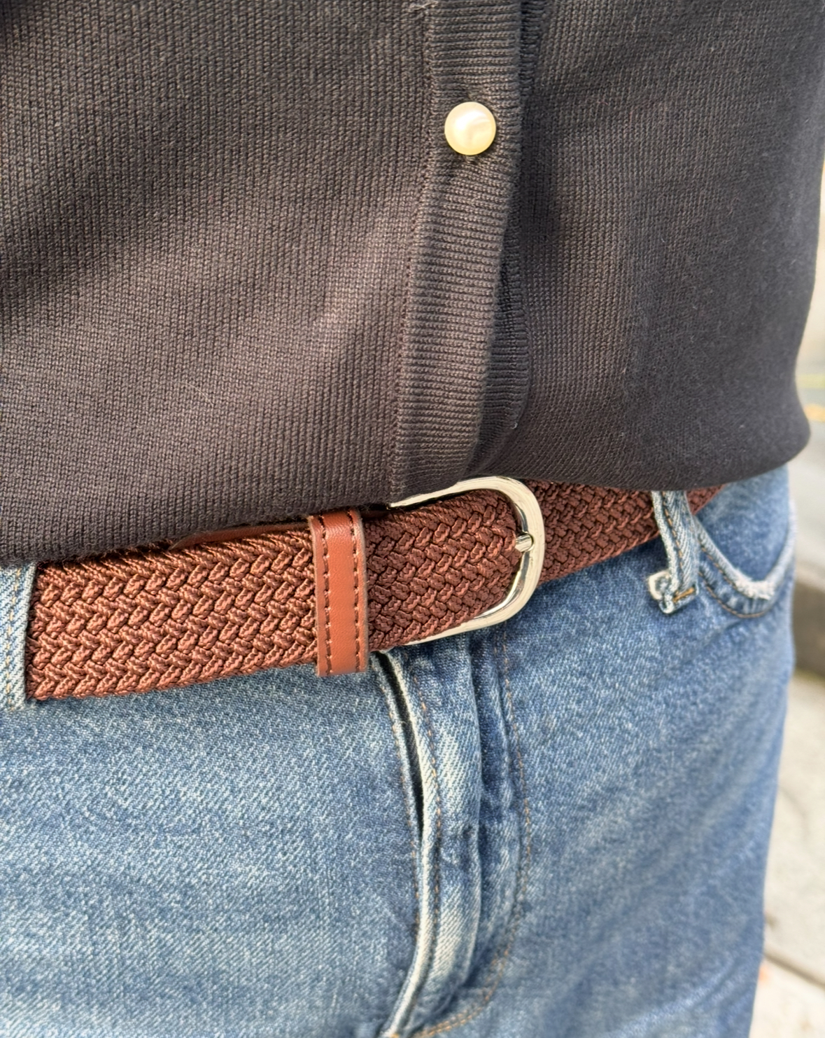 Manzini belte strikk ensfarget brun