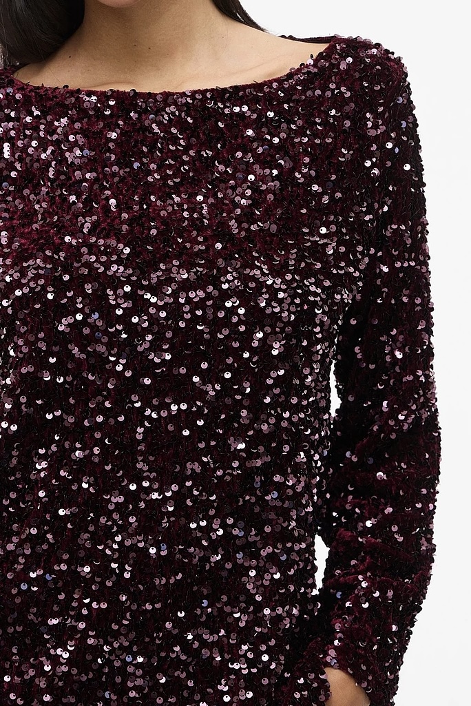 Vifaith boat neck l/s sequin top/1 paljetter burgunder