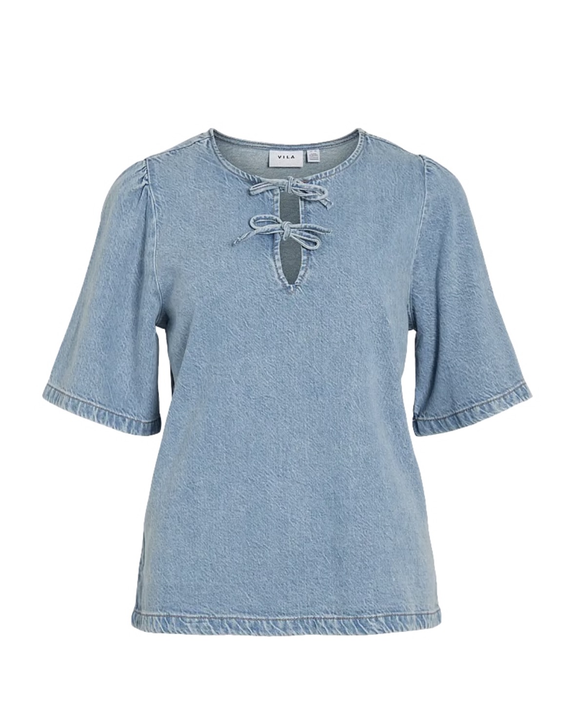 VIKIKI o-neck 2/4 tie denim top lys blå