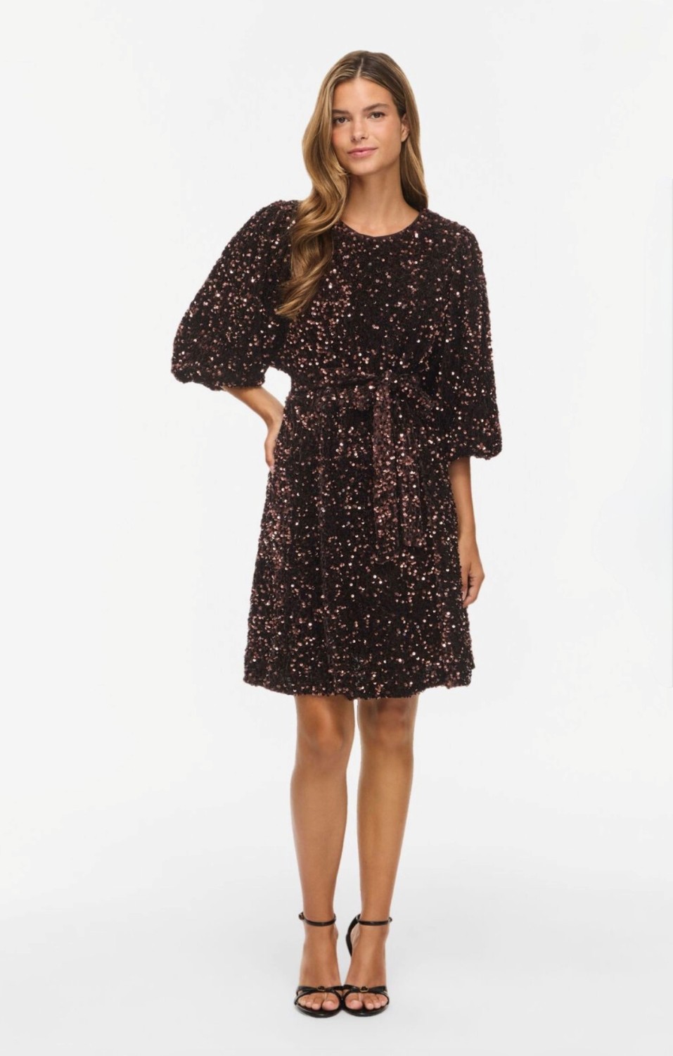 Vifaith o-neck 3/4 short dress/ln/1 Coffee bean